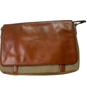 FOSSIL Leather Brown Laptop Messenger Bag.  Cotton Canvas. Includes Strap